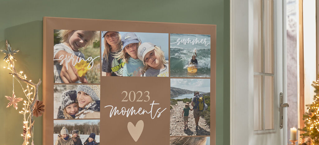 Kreatívny nástenný obraz s rodinnými momentmi z roku 2023, orámovaný láskyplnými nápismi.