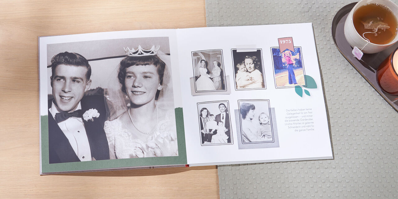 Otvorená fotokniha s historickými snímkami, ktoré ukazujú výnimočné spomienky