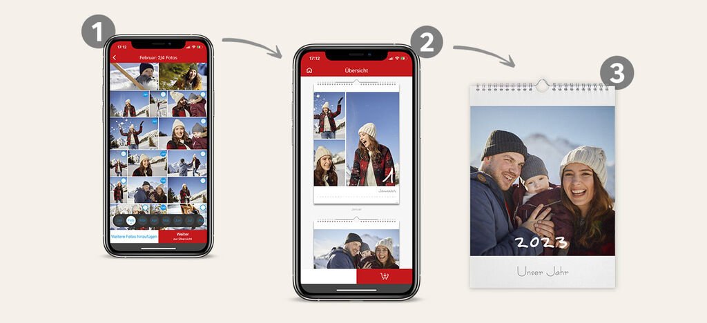 Tri kroky na vytvorenie CEWE fotokalendára na mobilných zariadeniach. Krok 1: Vybrať obrázky. Krok 2: Upraviť rozloženie a dizajn. Krok 3: Vytvoriť a vychutnať kalendár.