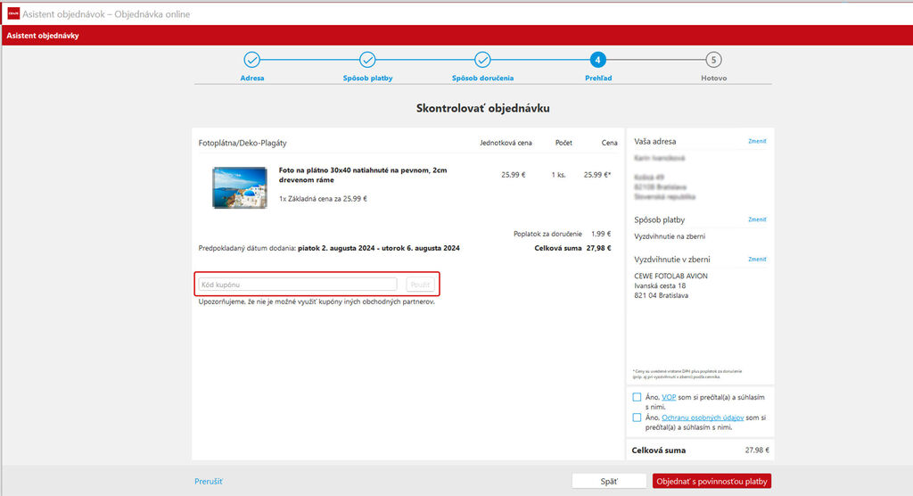 Screenshot prehľadu objednávok CEWE produktov s detailmi o položkách a cenách.