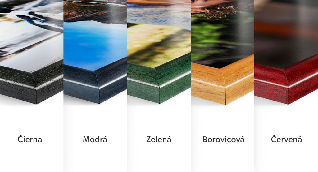 Rôzne drevené farby rámov: čierna, modrá, zelená, prírodná drevená a červená.