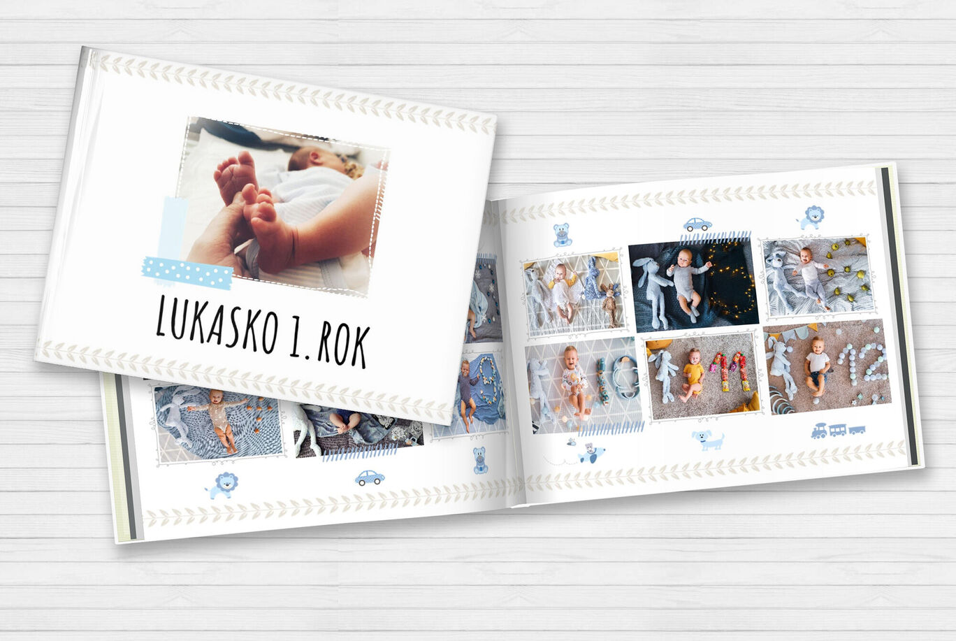 Fotografia fotoknihy o bábätku s nápisom "Lukas 1. rok".