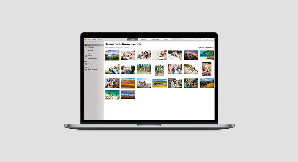 Notebook zobrazuje prehľadnú fotogalériu so spomienkami na dovolenku a zábavné chvíle.