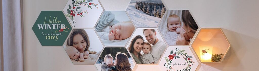 Krásna fotokoláž na zimu s rodinnými spomienkami v tvare včelích plástov