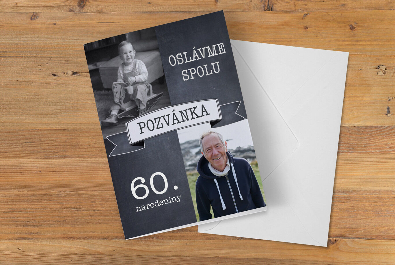 Pozvánka na oslavu 60. narodenín s čiernym pozadím a dvomi fotkami.