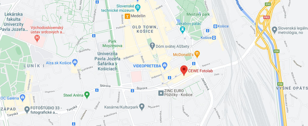 Mapa Košíc s vyznačenou polohou CEWE Fotoknihy