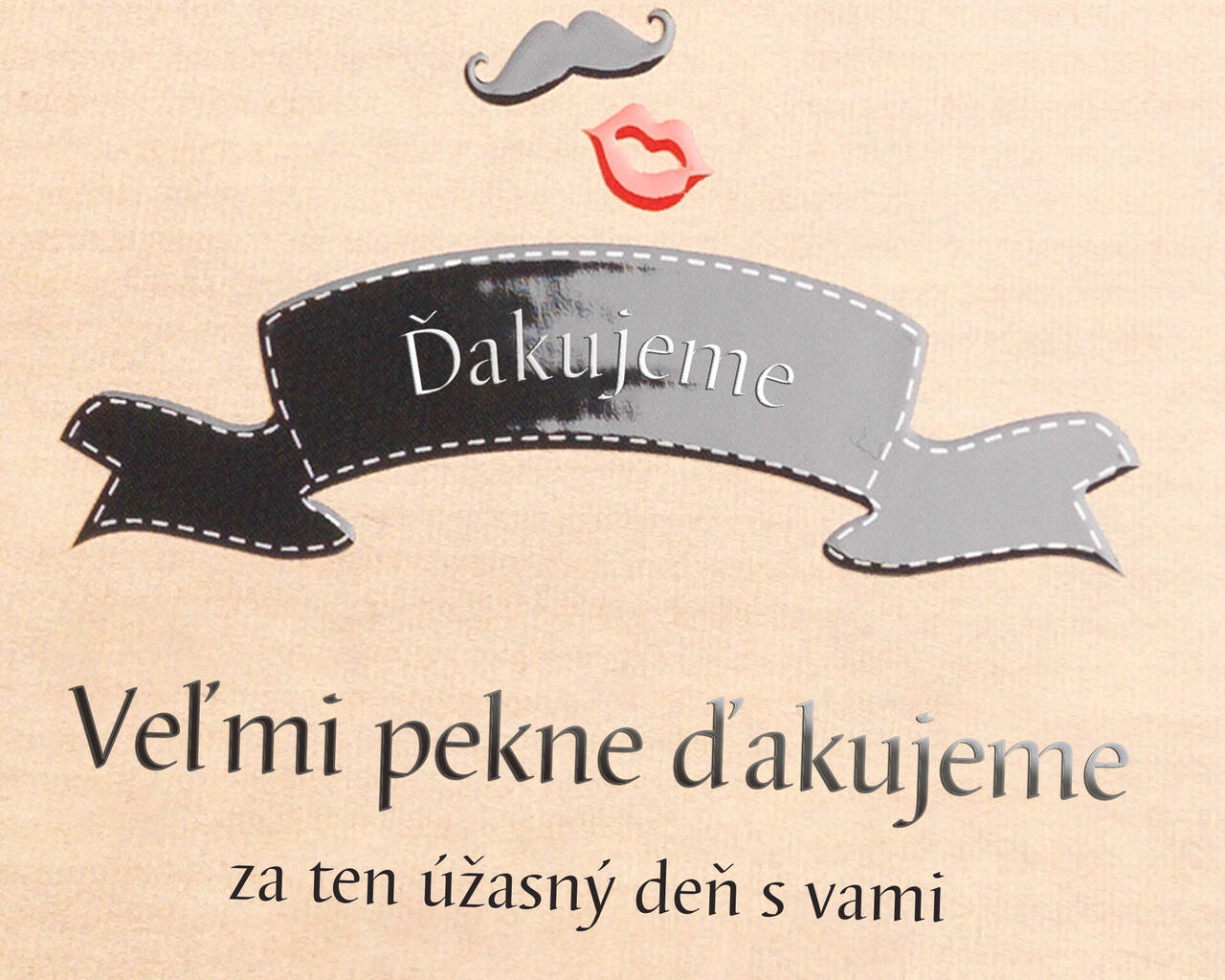 Elegantná karta s textom "Ďakujem" v štýlovom písme a otlačkom pier.