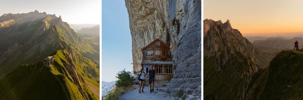 Turista si vychutnáva výhľad z hôr s útulným domom v popredí, ktorý dotvára prírodu