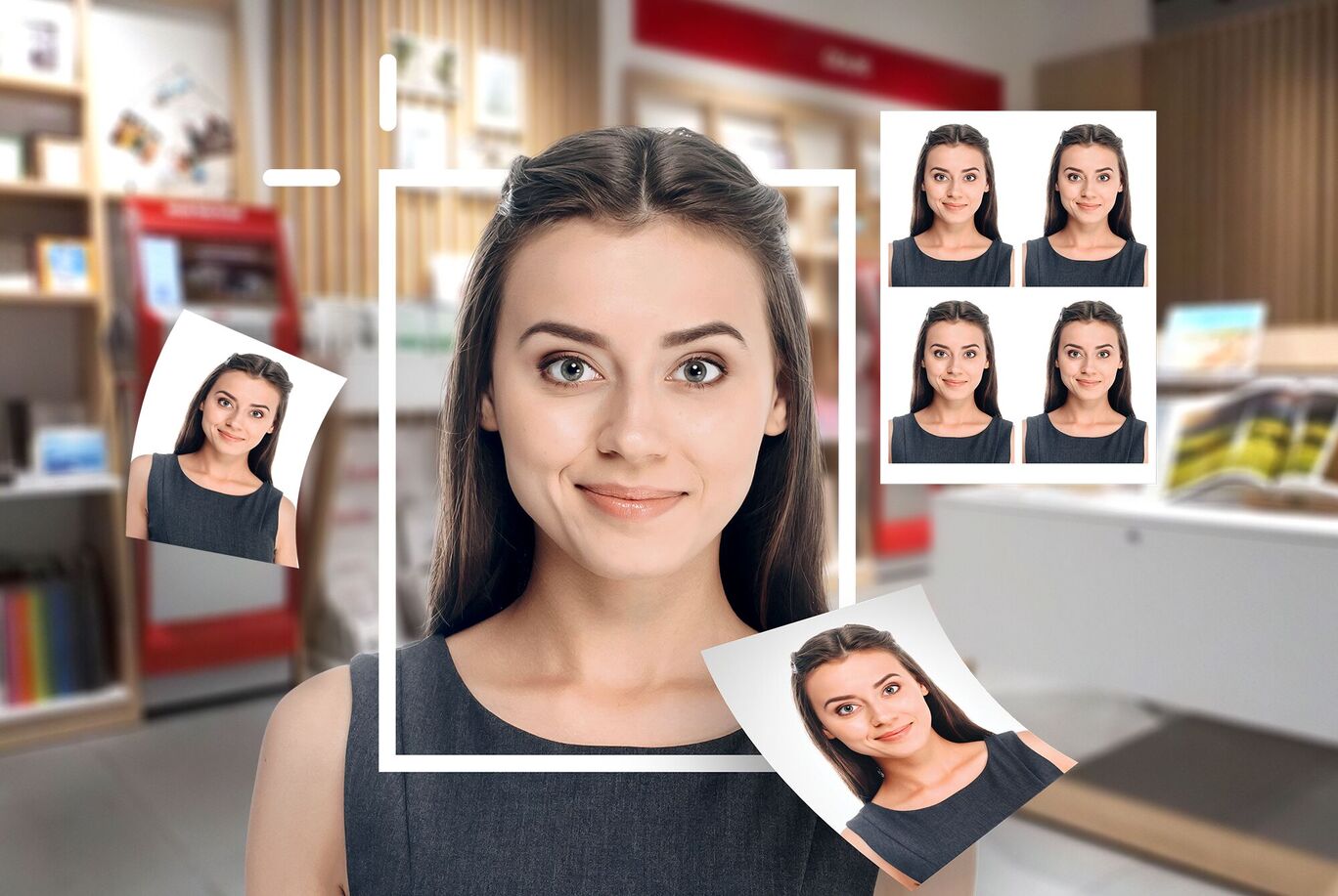 Žena s rôznymi fotkami seba v modernom priestore.