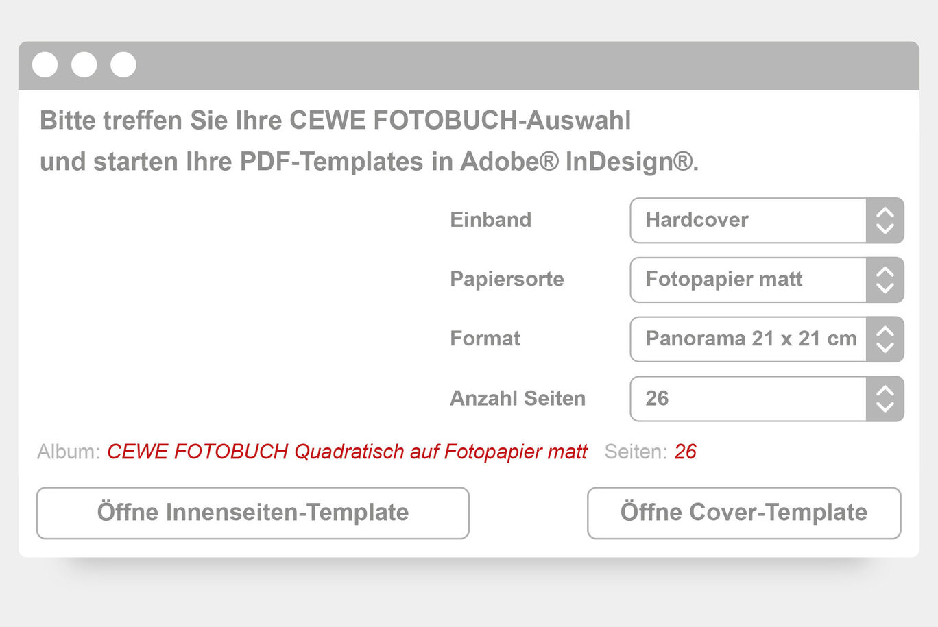 Snímka obrazovky CEWE FOTOKNIHA s možnosťami obalu, druhu papiera a počtu strán.