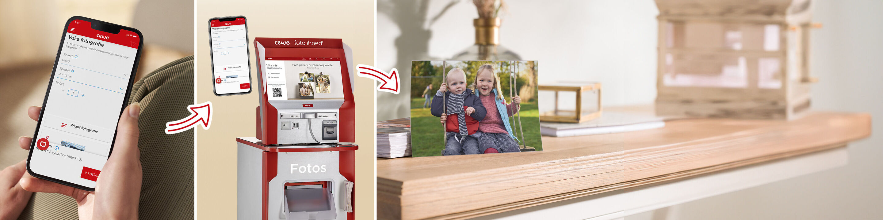 Osoba na mobile nahráva fotku, v pozadí CEWE Fotobox umožňuje tlač.