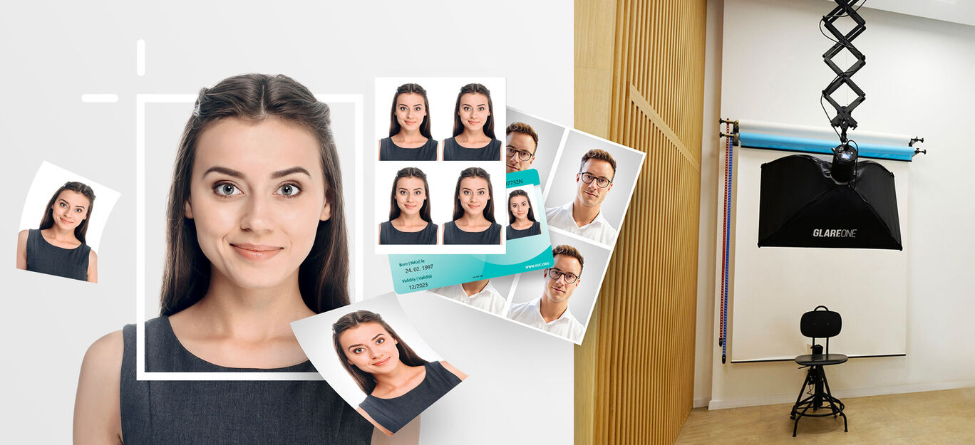Rôzne pasové fotografie s osvetleným pozadím a stoličkou na profesionálne fotenie.