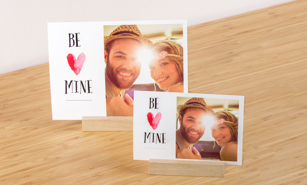 Dve milé pozdravné karty s červeným srdcom a nápisom 'Be Mine'.
