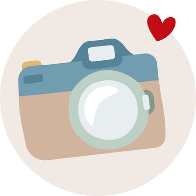 Štýlová, farebná ikona fotoaparátu so srdcom. Vyžaruje radosť a kreativitu.