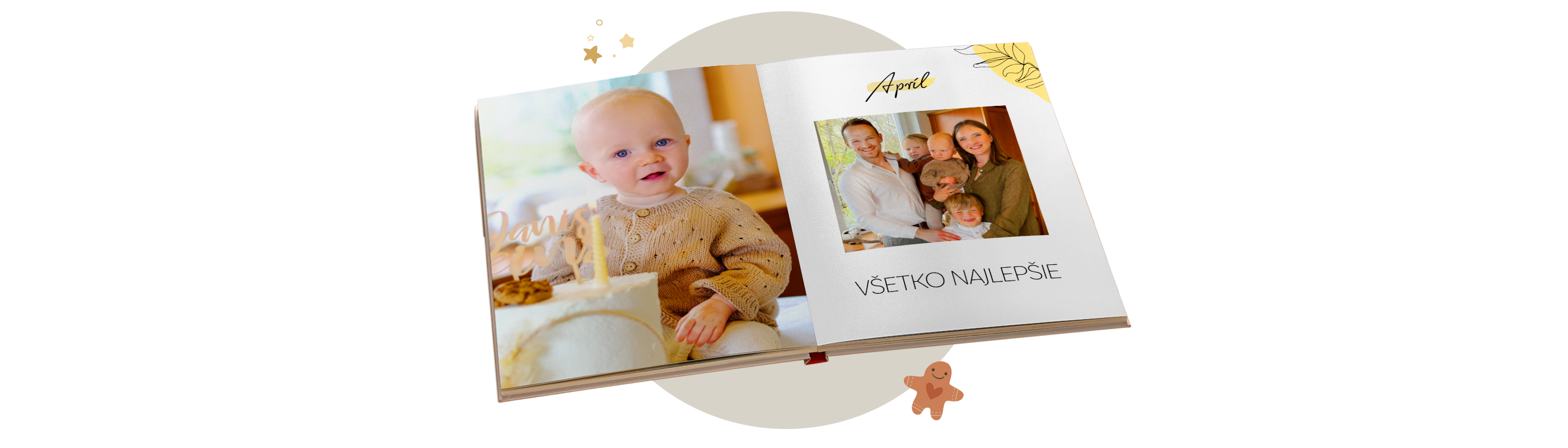 Otvorená fotokniha s fotkami rodiny a narodeninovej torty.