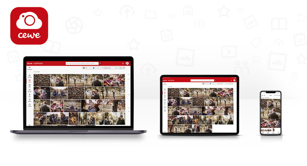 Aplikácia CEWE Fotowelt na laptop, tablet a smartphone zobrazuje rôzne fotky priateľov a rodiny.