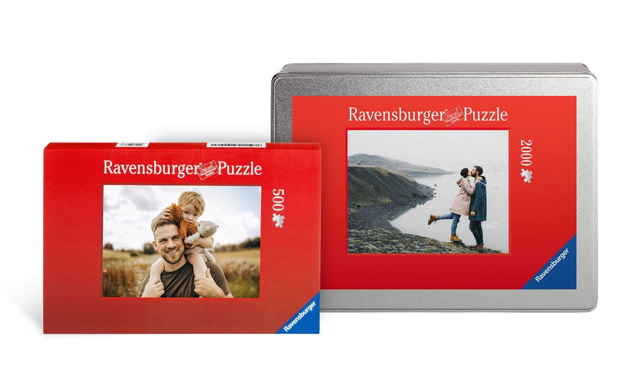 Dve Ravensburger puzzle krabice s motívmi šťastných chvíľ.