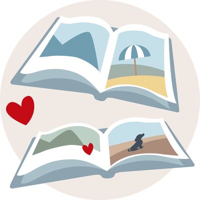 Ilustrácia otvorenej fotoknihy s farebnými obrázkami a srdcami.