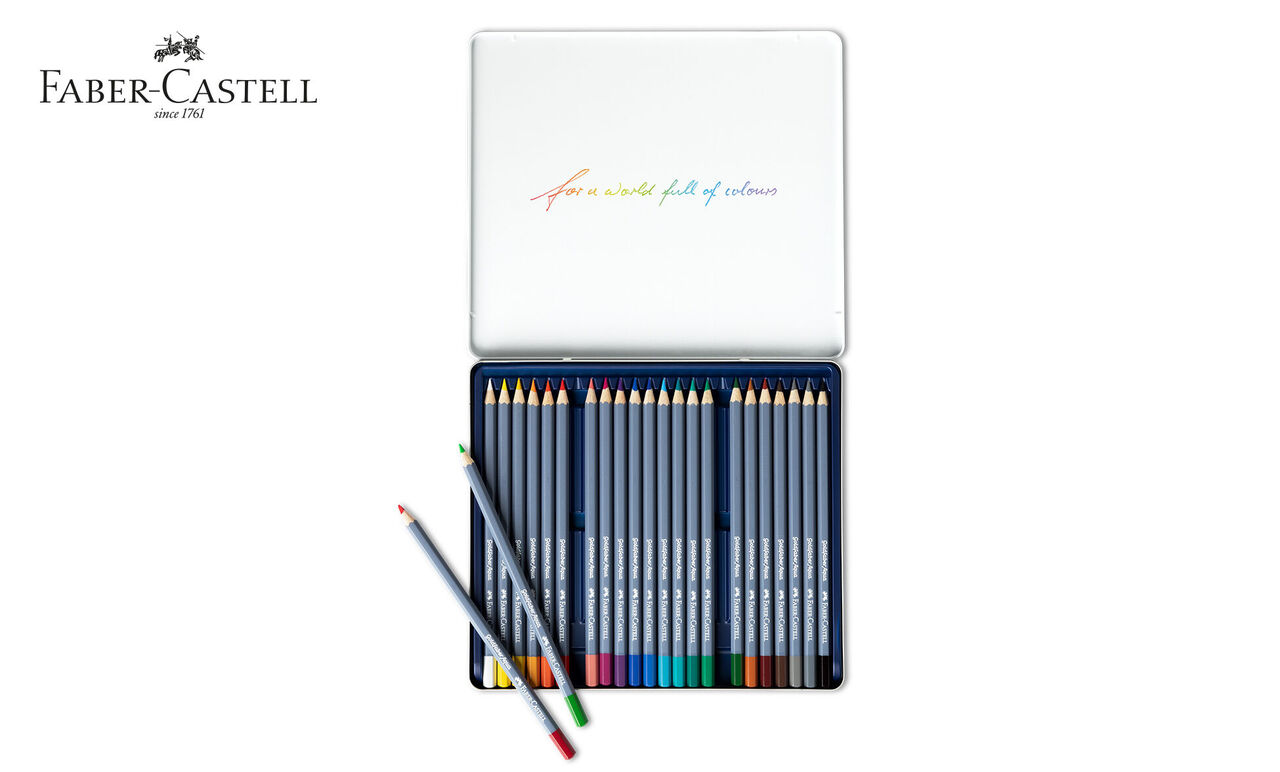 Otvorená plechová dóza s farebnými ceruzkami od Faber-Castell