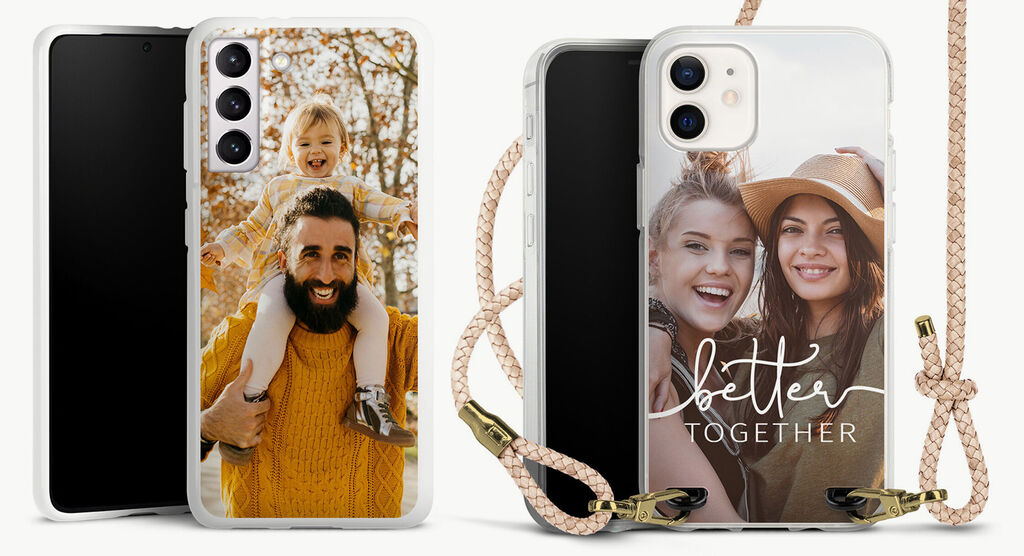 Dva kreatívne obaly na mobil s osobnými fotografiami a nápisom 'better together'.