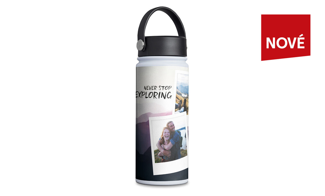 Personalizovaná fľaša na vodu s fotkami a textom "Never Stop Exploring".