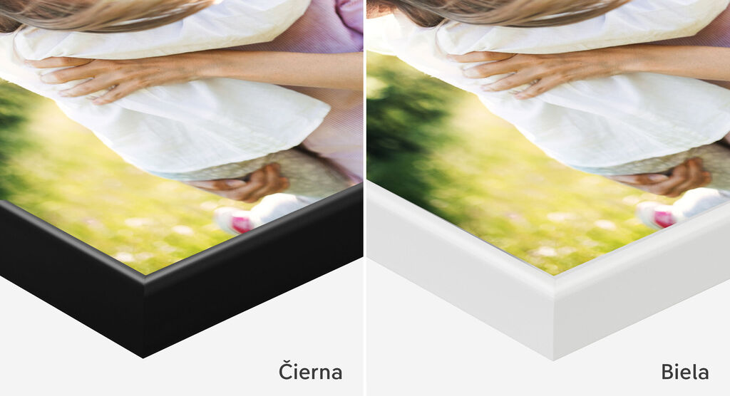 Detailný záber na okraje rámu v čiernej a bielej farbe, v pozadí rozmazaná lúka.