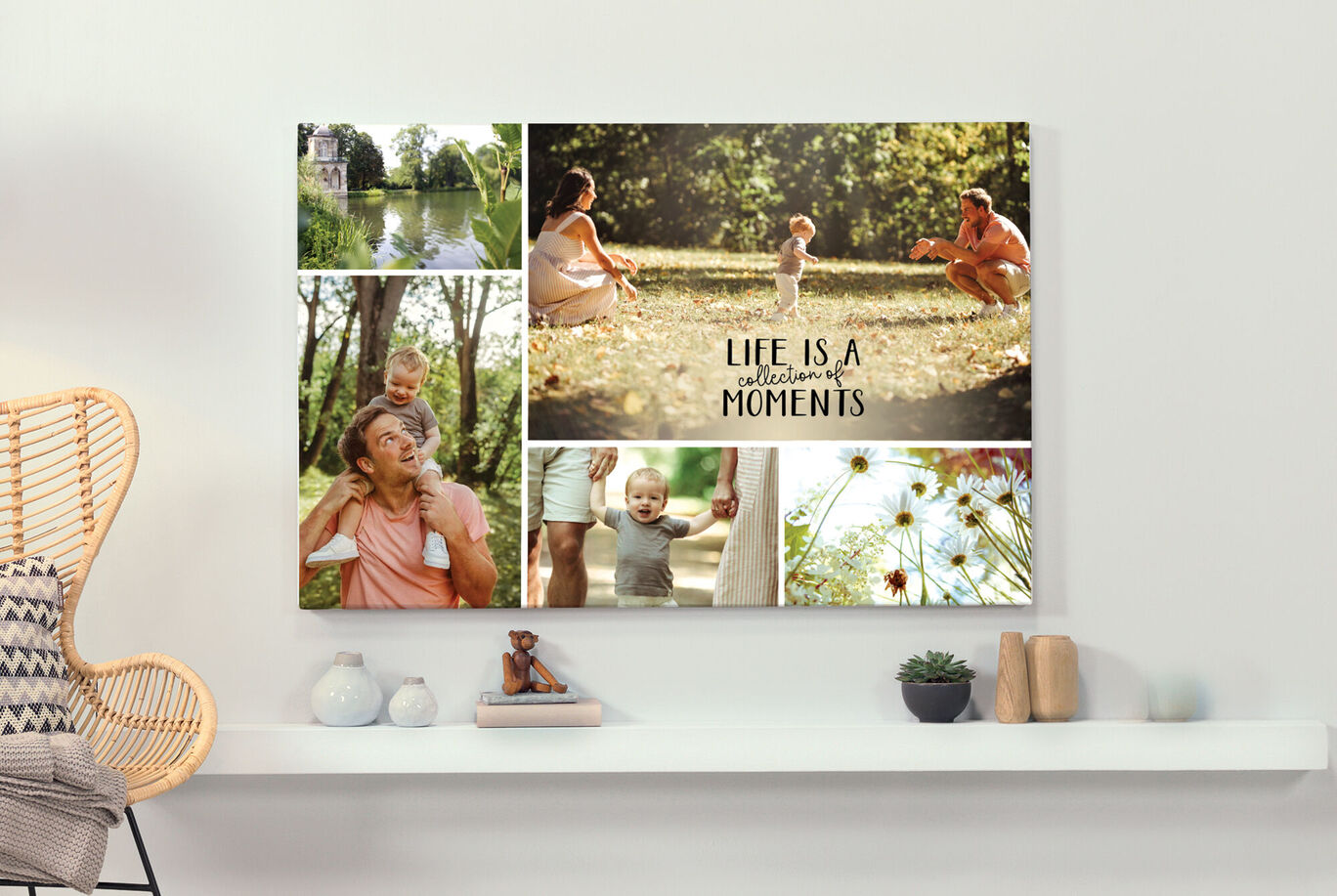 Nástenná maľba ukazuje šťastnú rodinu v prírode so srdcami a textom: "Life is a collection of moments".