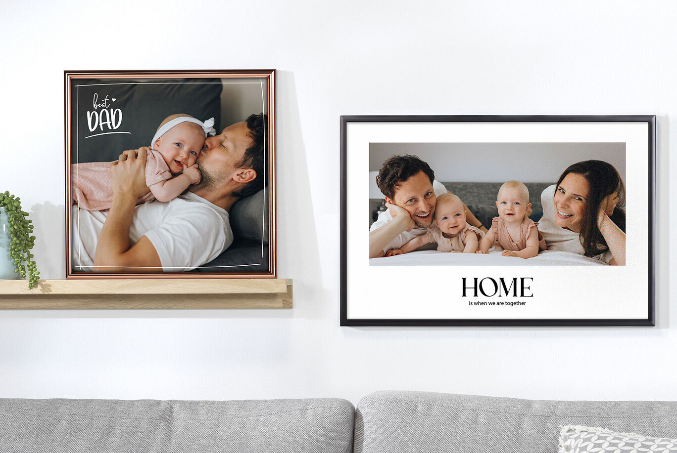 Dva rámikové obrázky na stene. Naľavo otec s dieťaťom, text 'let's be DAD'. Napravo obraz s nápisom 'HOME'.