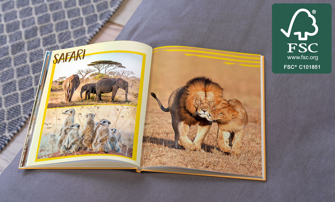 Otvorená fotokniha so safari témou. Naľavo slony a surikaty, napravo dva hrajúce sa levy.