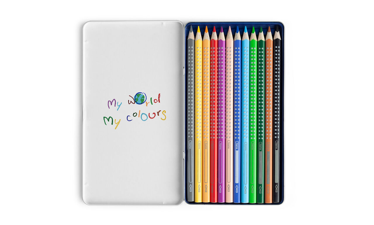 Farebné ceruzky v priehľadnej škatuľke s nápisom 'My World My Colours'