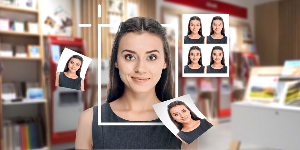 Žena stojí vo fotostudiu medzi rôznymi fotkami seba. Má čierny top a zapletené vlasy. Atmosféra je príjemná.