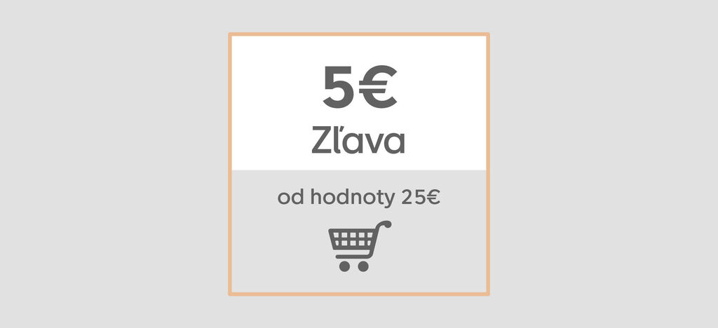 Zľava 5 eur na nákup nad 25 eur so symbolom nákupného vozíka