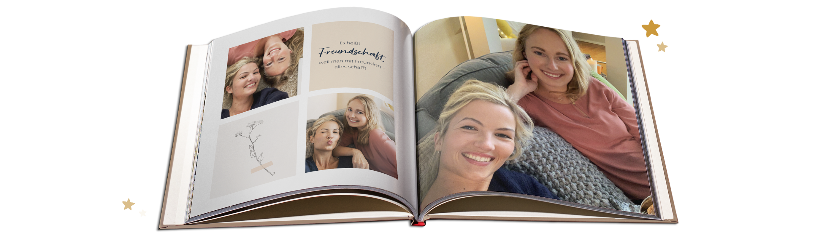 Otvorená fotokniha ukazuje milé rodinné momenty a spomienky. Vyžaruje radosť a spolupatričnosť.