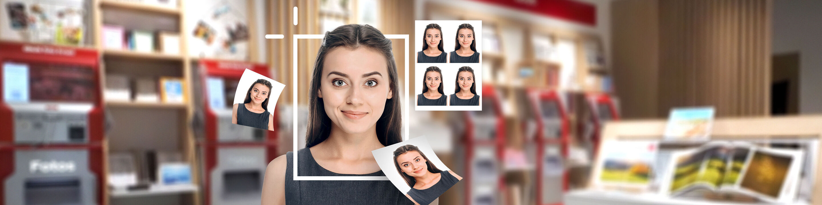 Osoba stojí v obchode s fotovýrobkami, obklopená rôznymi ID fotkami, ktoré ukazujú fotovýrobky.
