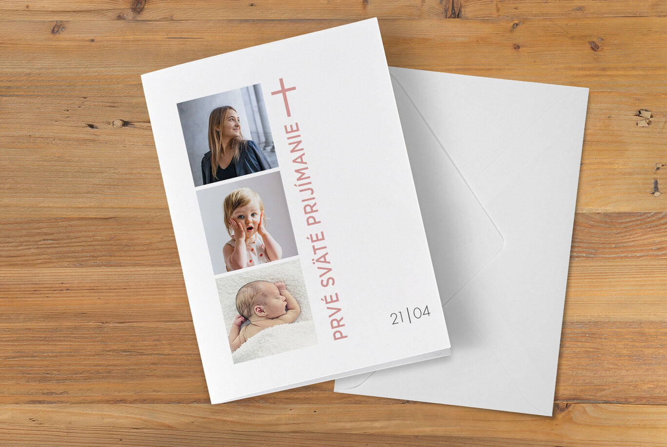 Pozývacie pohľadnice na prvé sväté prijímanie s láskyplnými fotografiami a elegantným dizajnom