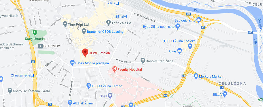 Mapa Žiliny s označením lokality CEWE fotodienstiev.