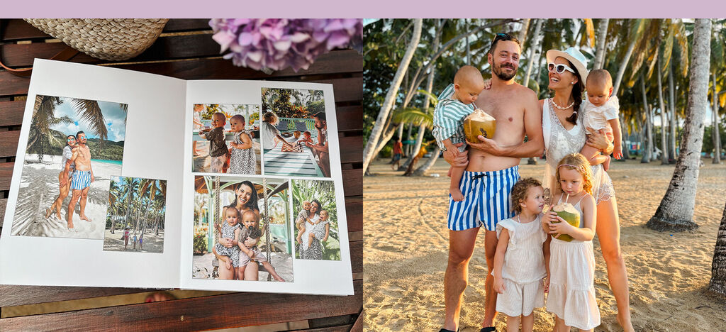 Rodina si užíva spoločnú dovolenku na pláži s fotoknihou plnou spomienok.
