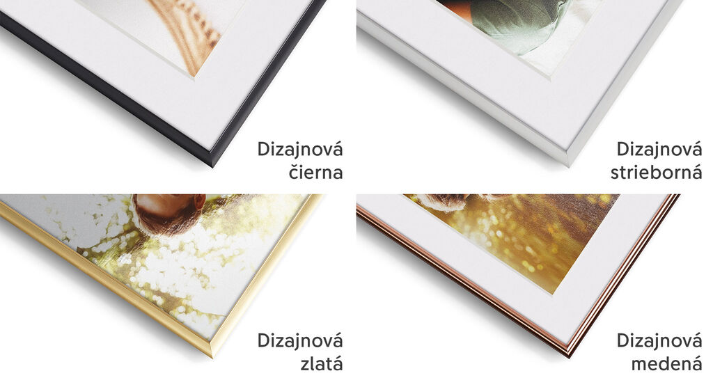 Rôzne farby rámov: čierna, strieborná, zlatá, medená. Kreatívne rámovanie pre fotografie.