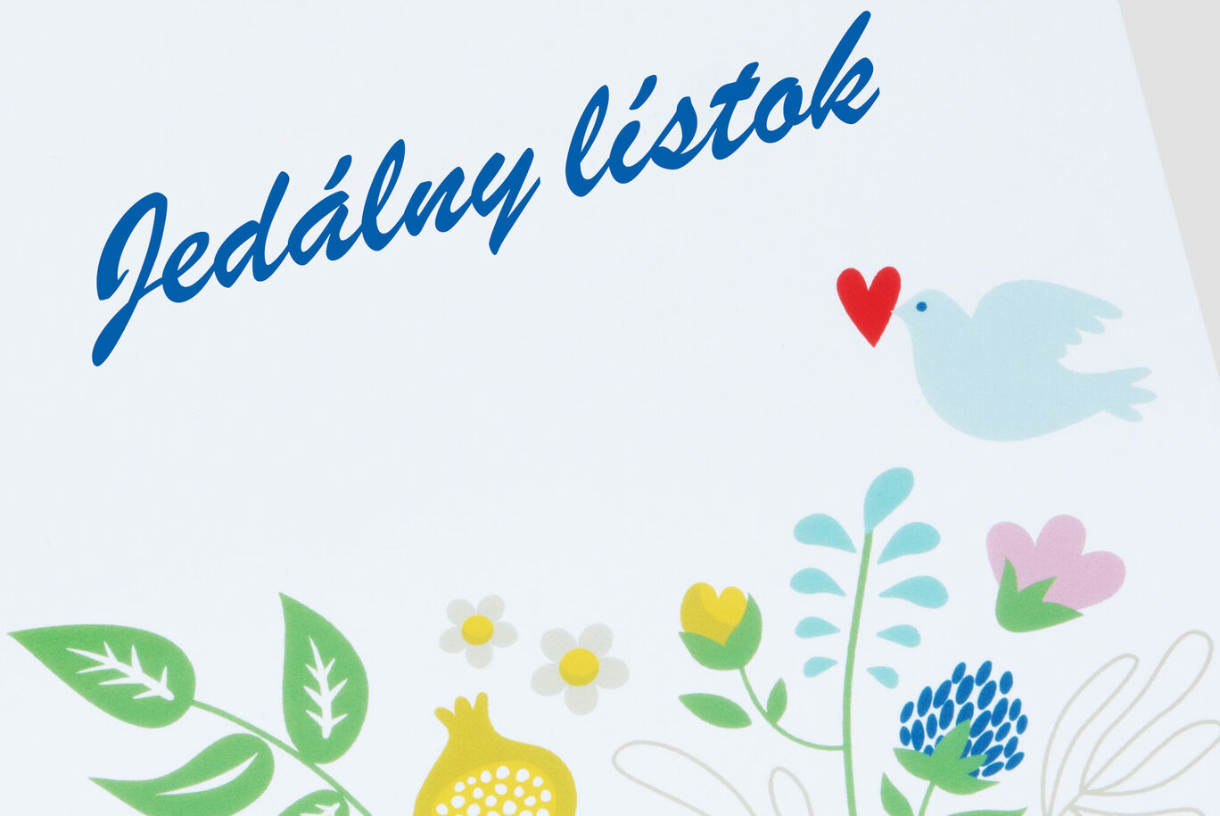 Farebné menu s ilustráciami kvetov a vtáka
