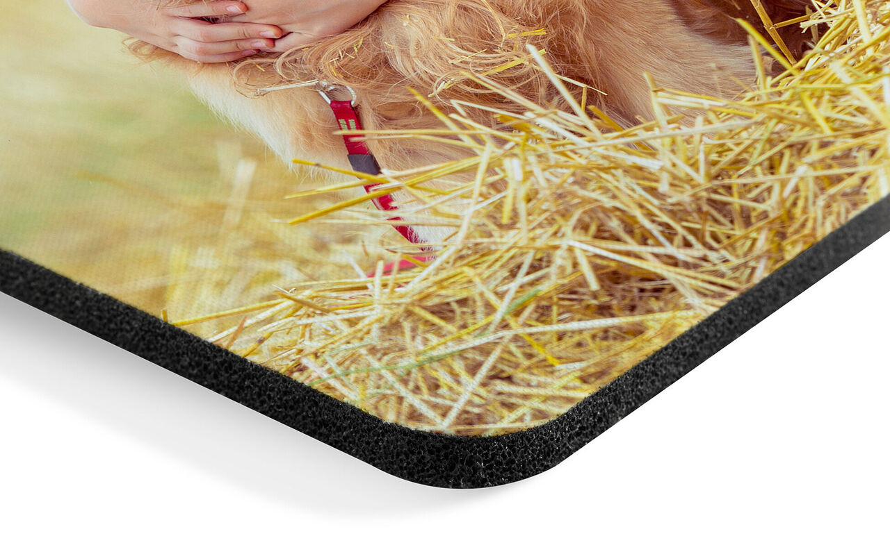 Detailný pohľad na kvalitné fotopuzzle s obrázkom psa na slame.