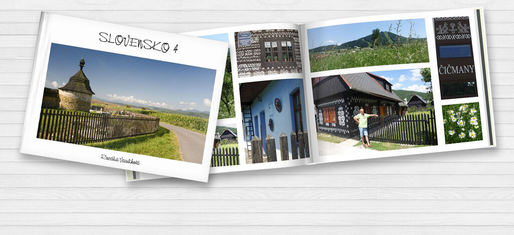 Otvorená fotokniha so snímkami zo Slovinska zobrazujúca krajinu a architektúru.