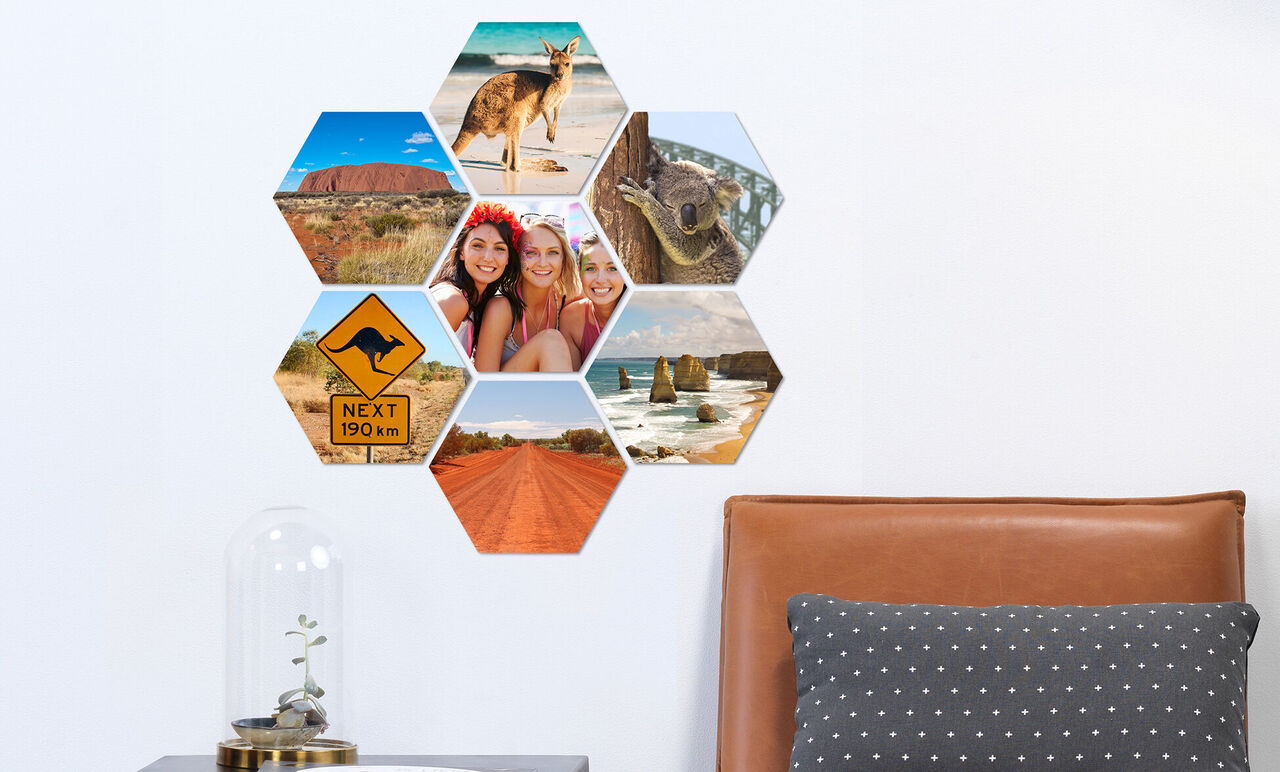 Hexagonálna fotokoláž s cestovateľskými spomienkami, vrátane zvierat a krajín