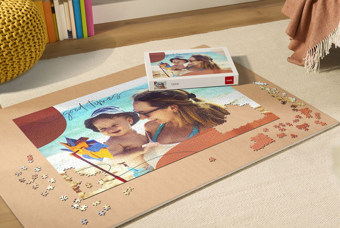 Dospelý a dieťa spolu pracujú na puzzle s farebným motívom.