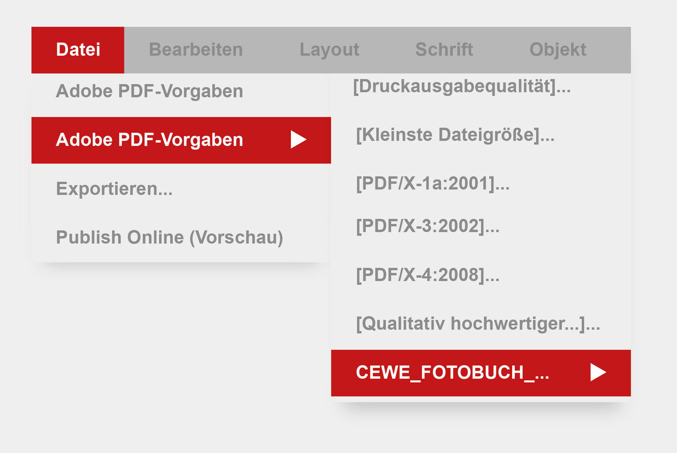 Snímka obrazovky softvéru s ponukami ako "Predvoľby Adobe PDF" a výberom CEWE Fotoknihy.