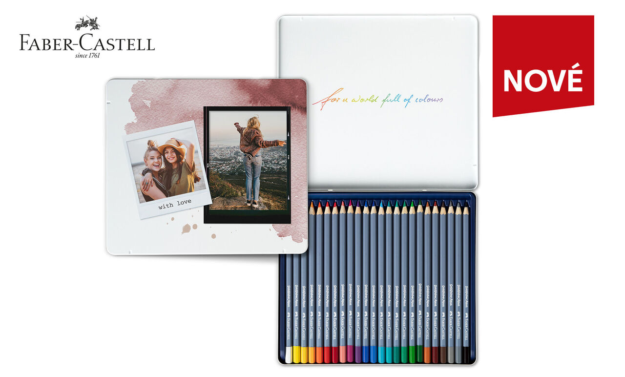 Farebný box na ceruzky Faber-Castell s dvoma fotkami na obale.