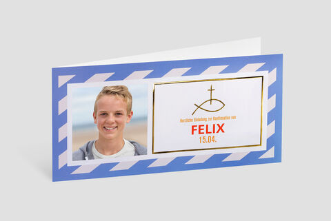 Farebná pozvánka s menom Felix, jeho fotografiou a dátumom 15.04.