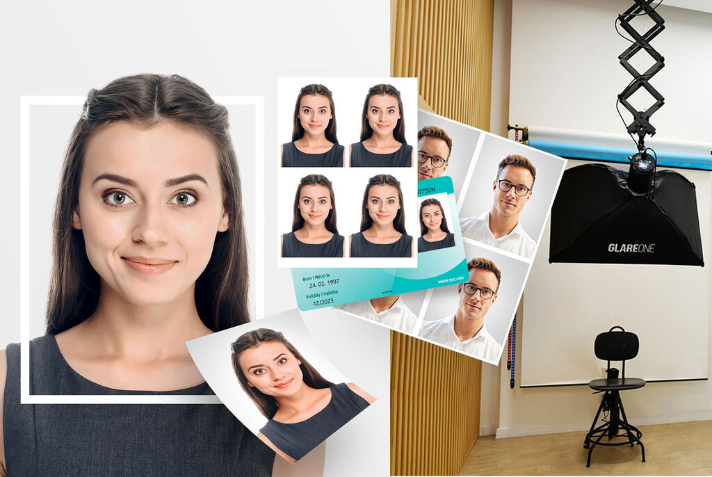Súprava portrétových fotografií na stole obklopená osvetlením.
